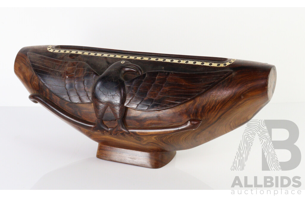 Vintage Hand Carved Macassar Ebony Wooden Solomon Islands Slit Gong Inlaid with Mother of Pearl Detail, with Striker