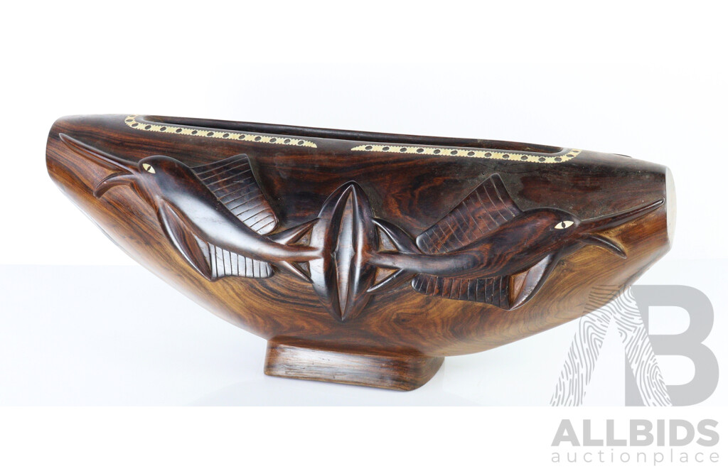 Vintage Hand Carved Macassar Ebony Wooden Solomon Islands Slit Gong Inlaid with Mother of Pearl Detail, with Striker