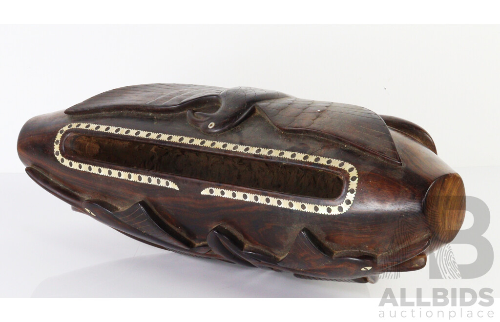 Vintage Hand Carved Macassar Ebony Wooden Solomon Islands Slit Gong Inlaid with Mother of Pearl Detail, with Striker