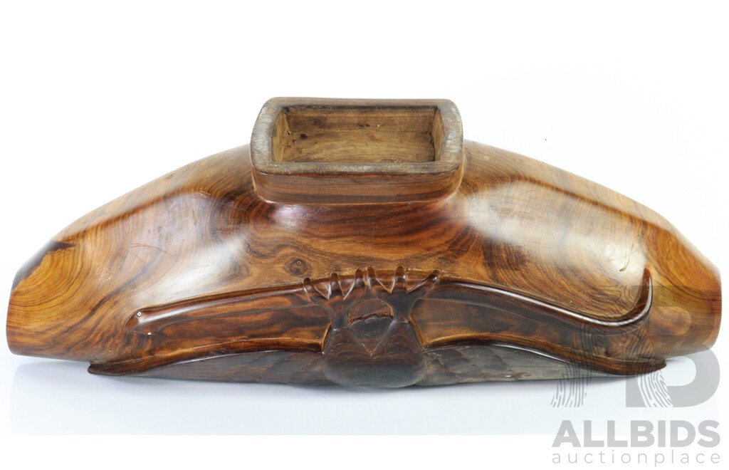 Vintage Hand Carved Macassar Ebony Wooden Solomon Islands Slit Gong Inlaid with Mother of Pearl Detail, with Striker