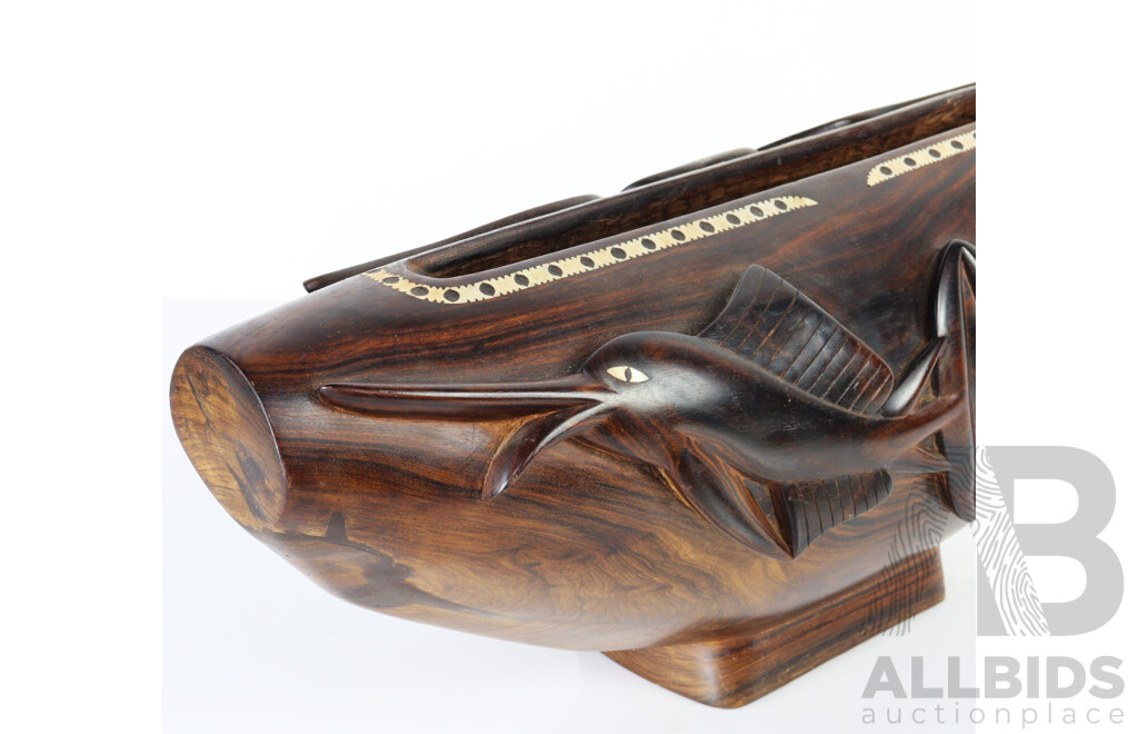 Vintage Hand Carved Macassar Ebony Wooden Solomon Islands Slit Gong Inlaid with Mother of Pearl Detail, with Striker