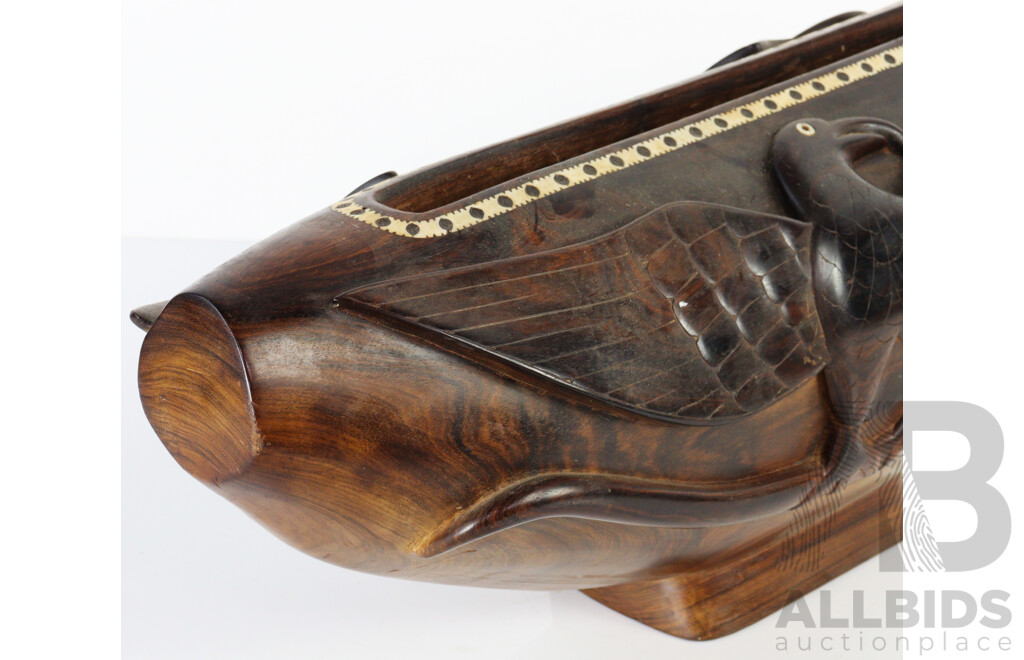 Vintage Hand Carved Macassar Ebony Wooden Solomon Islands Slit Gong Inlaid with Mother of Pearl Detail, with Striker