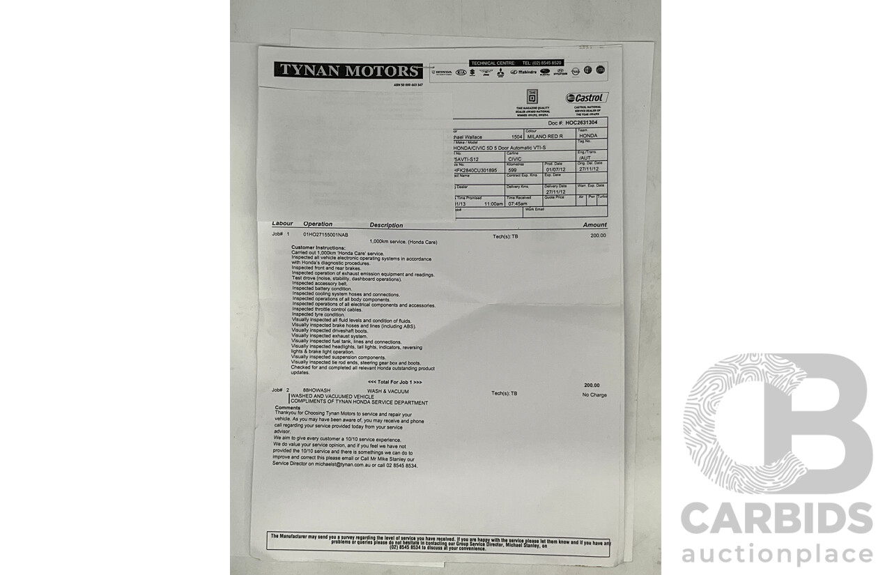 9/2012 Honda Civic VTI-S FK 5d Hatchback Red 1.8L