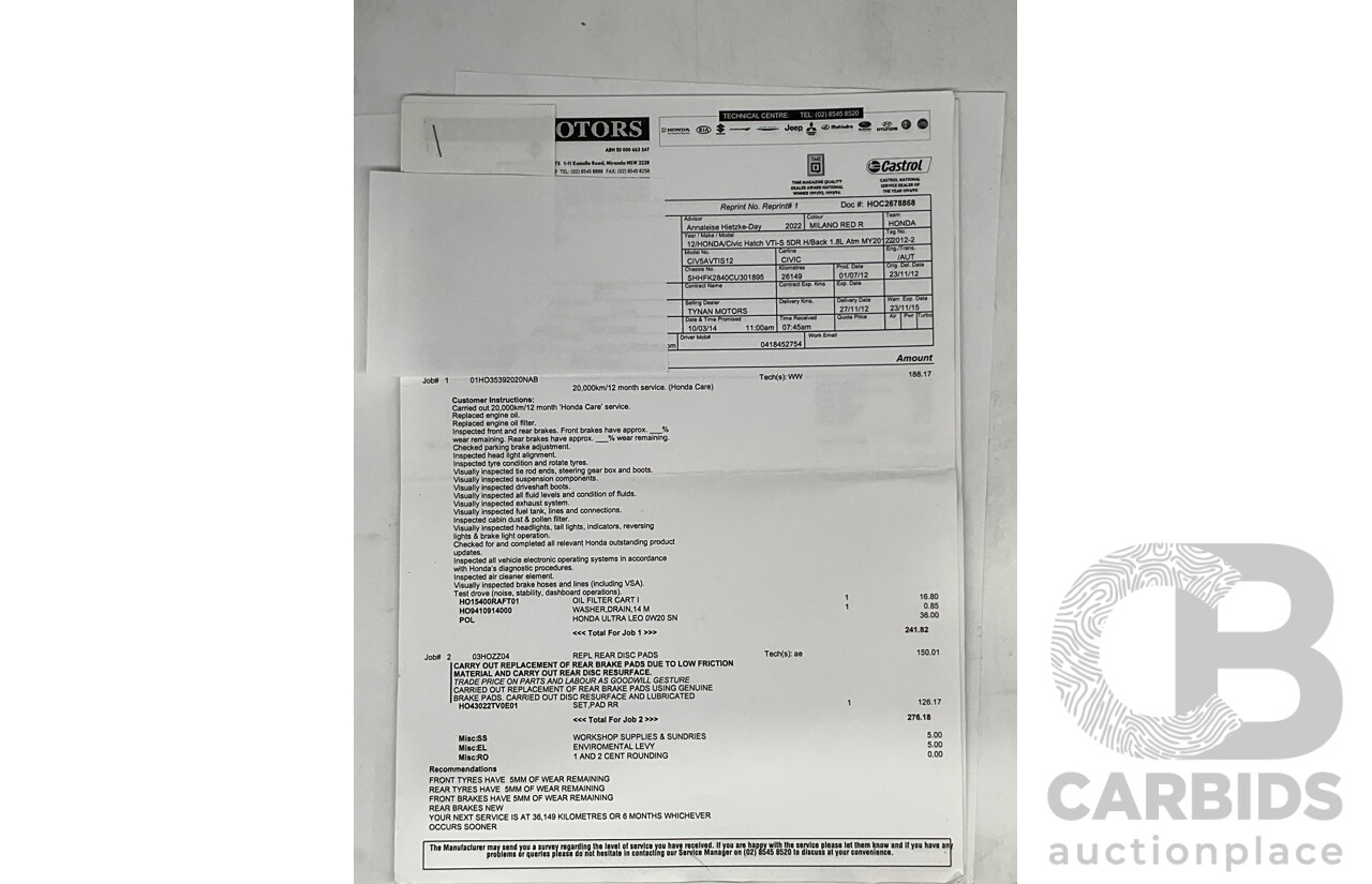 9/2012 Honda Civic VTI-S FK 5d Hatchback Red 1.8L