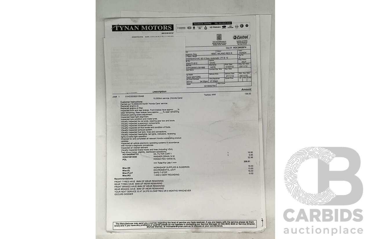 9/2012 Honda Civic VTI-S FK 5d Hatchback Red 1.8L