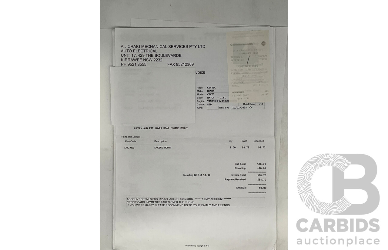 9/2012 Honda Civic VTI-S FK 5d Hatchback Red 1.8L