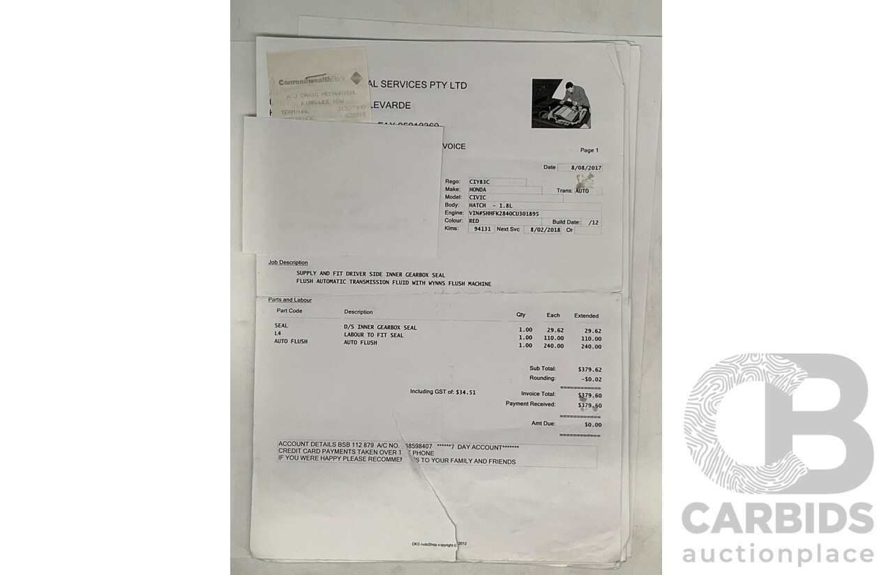 9/2012 Honda Civic VTI-S FK 5d Hatchback Red 1.8L