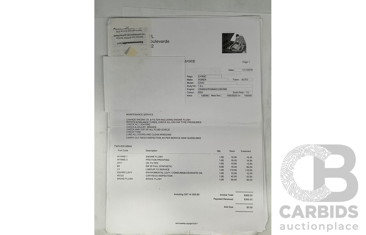 9/2012 Honda Civic VTI-S FK 5d Hatchback Red 1.8L