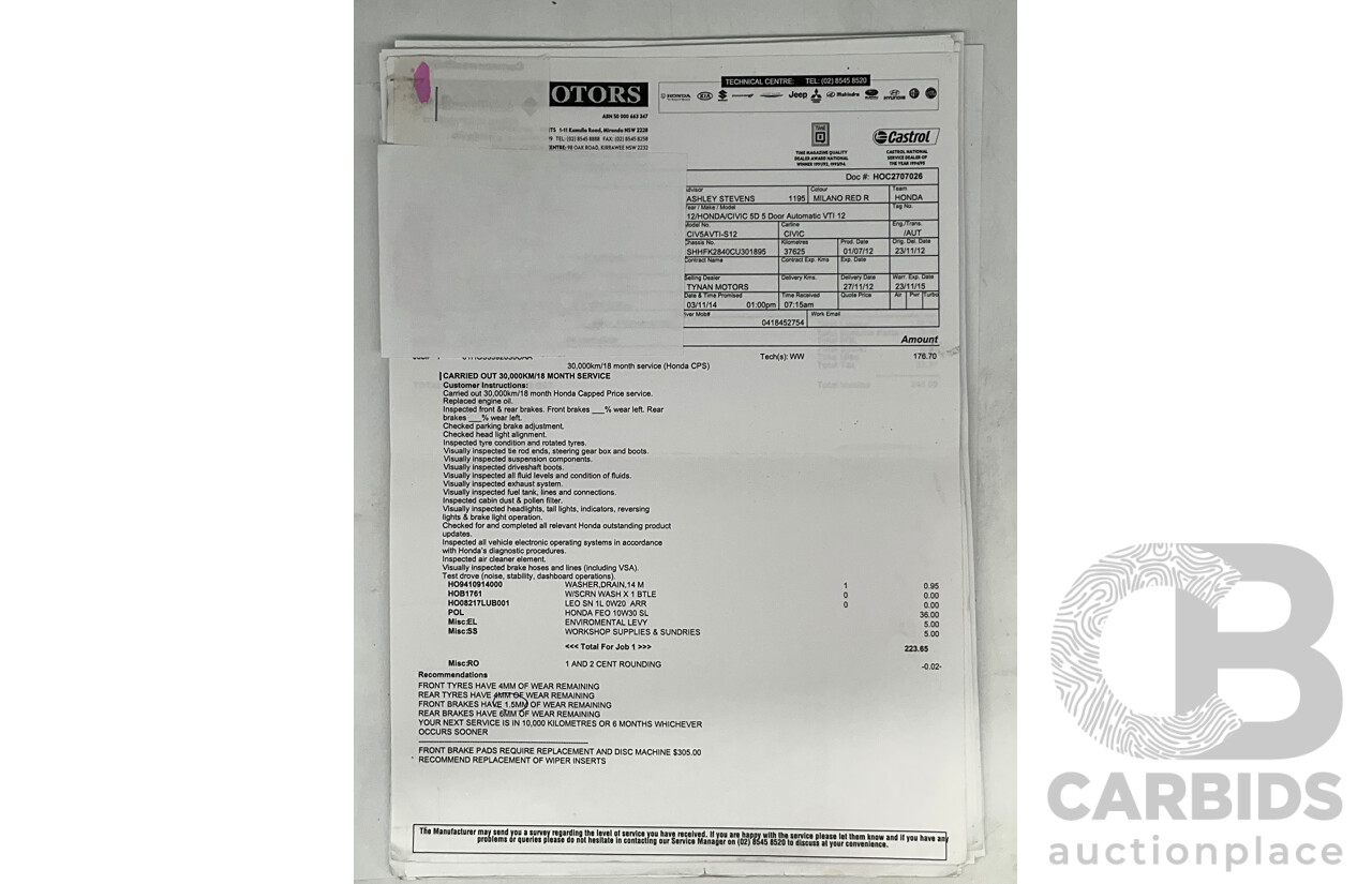 9/2012 Honda Civic VTI-S FK 5d Hatchback Red 1.8L