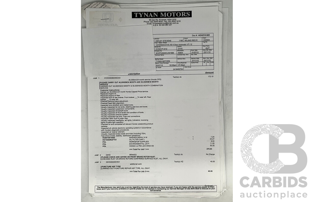 9/2012 Honda Civic VTI-S FK 5d Hatchback Red 1.8L