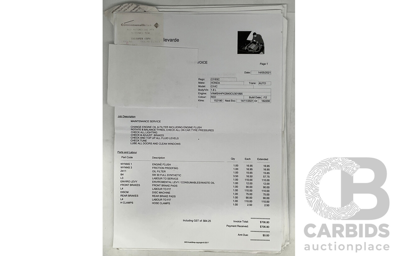 9/2012 Honda Civic VTI-S FK 5d Hatchback Red 1.8L