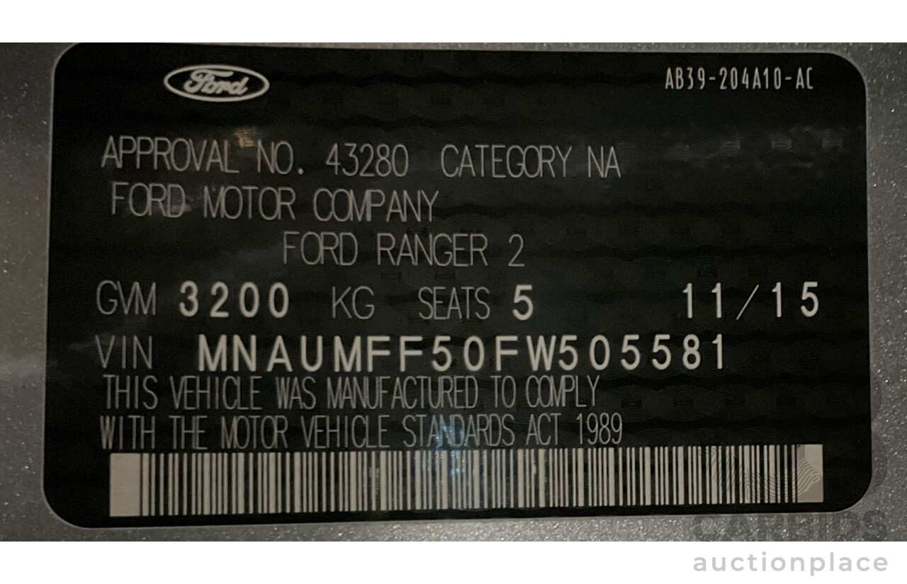 11/2015 Ford Ranger Wildtrak 3.2 (4x4) PX MKII Dual Cab P/Up Silver 3.2L Turbo Diesel