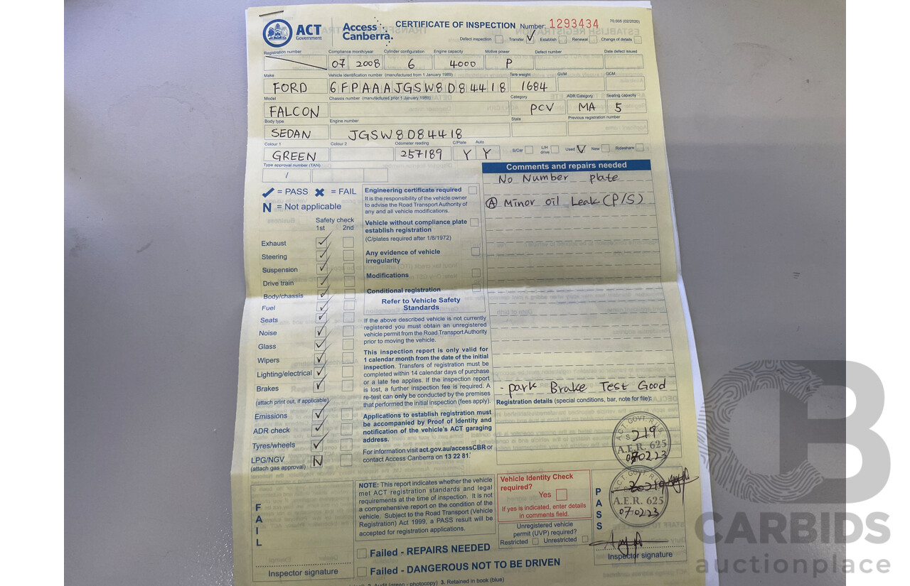 7/2008 Ford Falcon XR6 FG 4d Sedan Green 4.0L