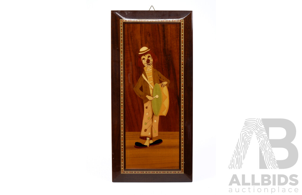 Italian Marquetry Veneer Clown, Labelled Unione Artigani Intarsio Sorrentino