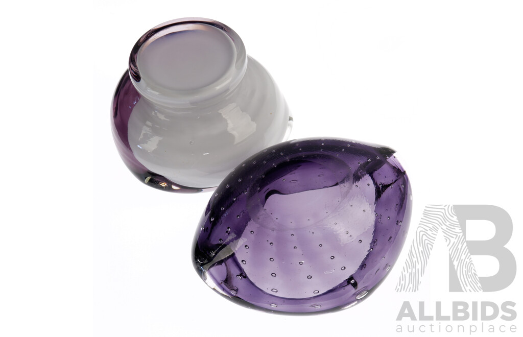 Two Retro Studio Art Glass Ashtrays Including Amethyt Glass Controlled Bubble Example