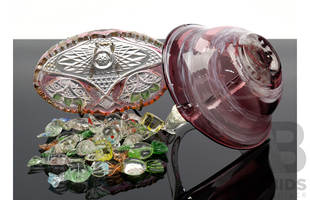 Murano Glass Style Basket Form Dish Along with Murano Glass Sweets in a Flashed Crystal Dish