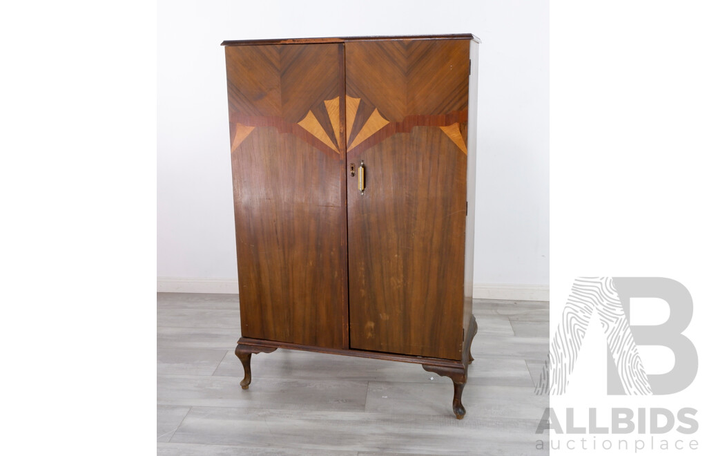 Vintage Art Deco Walnut Gentlemans Wardrobe With Maple Veneer Inlay and Silky Oak Drawer Fronts, Circa 1940's