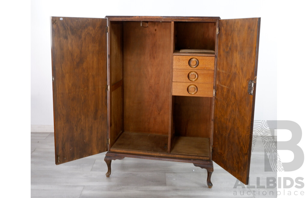 Vintage Art Deco Walnut Gentlemans Wardrobe With Maple Veneer Inlay and Silky Oak Drawer Fronts, Circa 1940's
