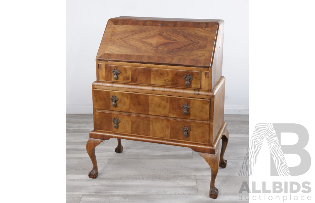 Vintage Feldco Queen Anne Walnut Bureau with Ball and Claw Feet
