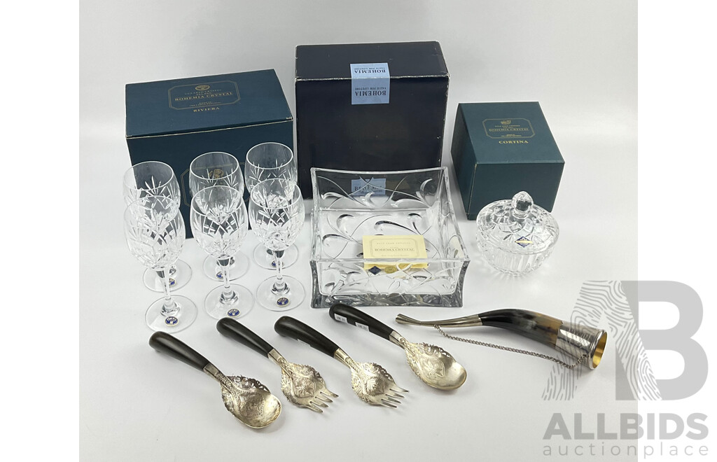 Selection of Vintage Bohemia Lead Crystal Glassware With Original Boxes and Decorative Serving Cutlery With Antler Viking Drinking Horn