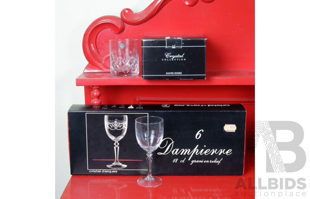 Set of Four Boxed David Jones Crystal Sinclair Pattern Old Fashioned Glasses with Boxed Set of Five Cristal D-arques Dampierre Wine Glasses