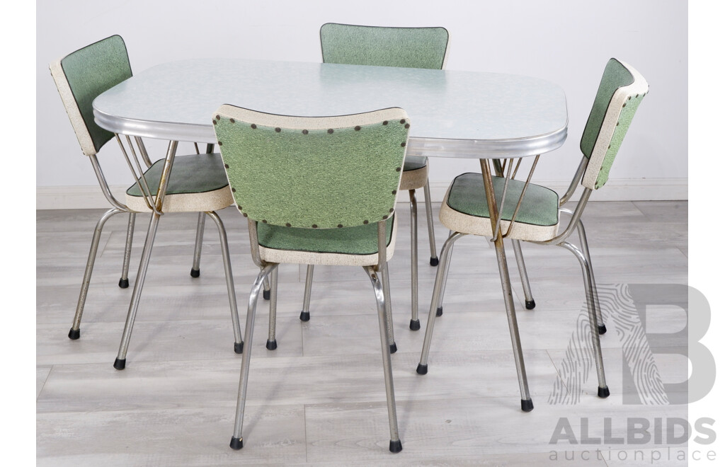 Retro Tubecraft Laminex Dining Table with Four Vinyl and Chrome Dining Chairs