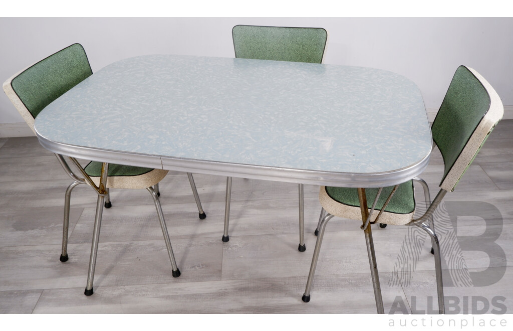 Retro Tubecraft Laminex Dining Table with Four Vinyl and Chrome Dining Chairs