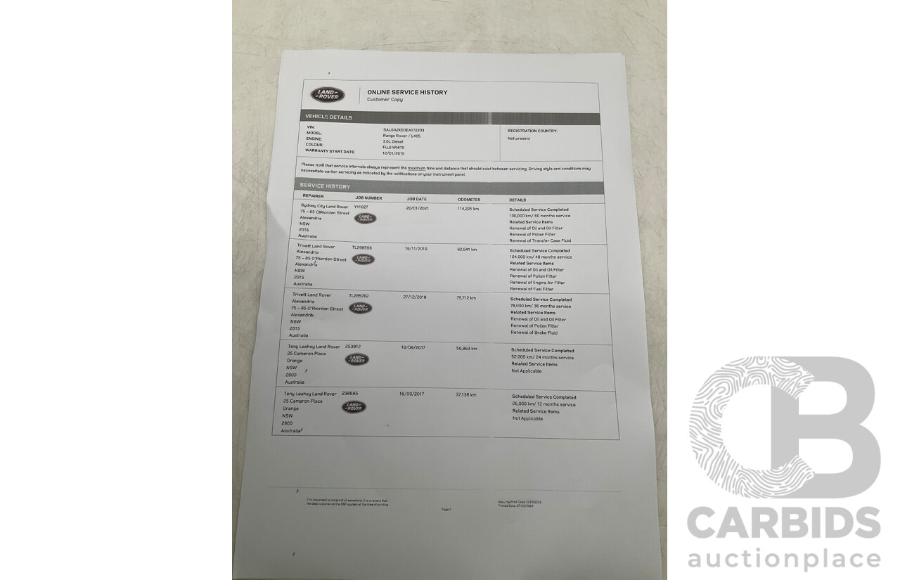 6/2014 Land Rover Range Rover Vogue TDV6 LG MY14.5 4d Wagon White 3.0L Twin Turbo Diesel