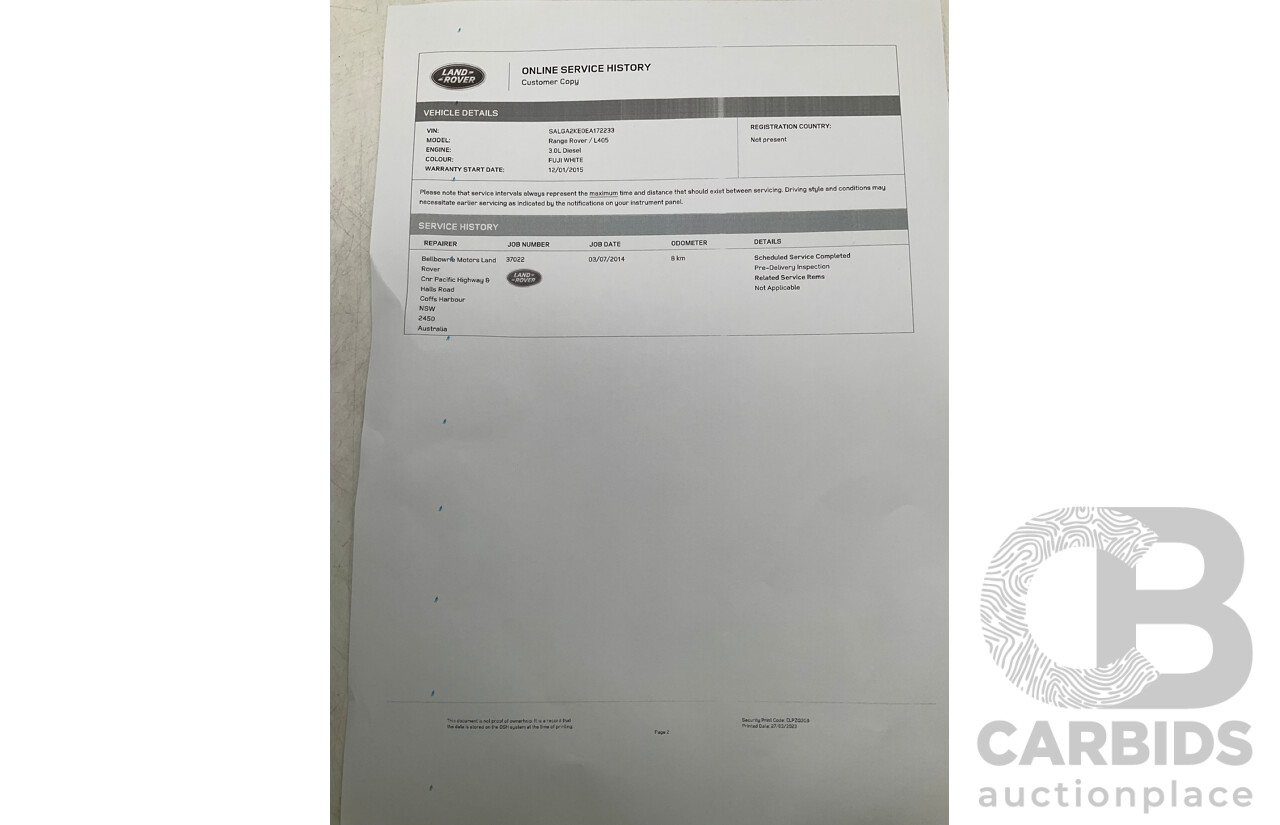 6/2014 Land Rover Range Rover Vogue TDV6 LG MY14.5 4d Wagon White 3.0L Twin Turbo Diesel