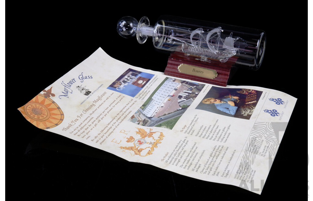 Lamp-work Glass Model of the Bounty Inside a Bottle, Made by Mayflower Glass, Length 22cm