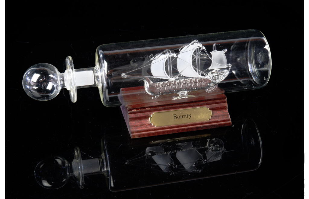 Lamp-work Glass Model of the Bounty Inside a Bottle, Made by Mayflower Glass, Length 22cm