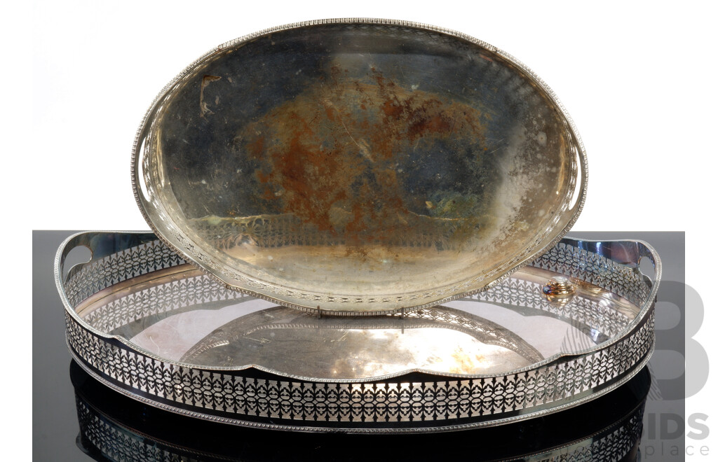 Large Vintage Sheffield Plate Butlers Tray with Smaller Sheffield Plate Example