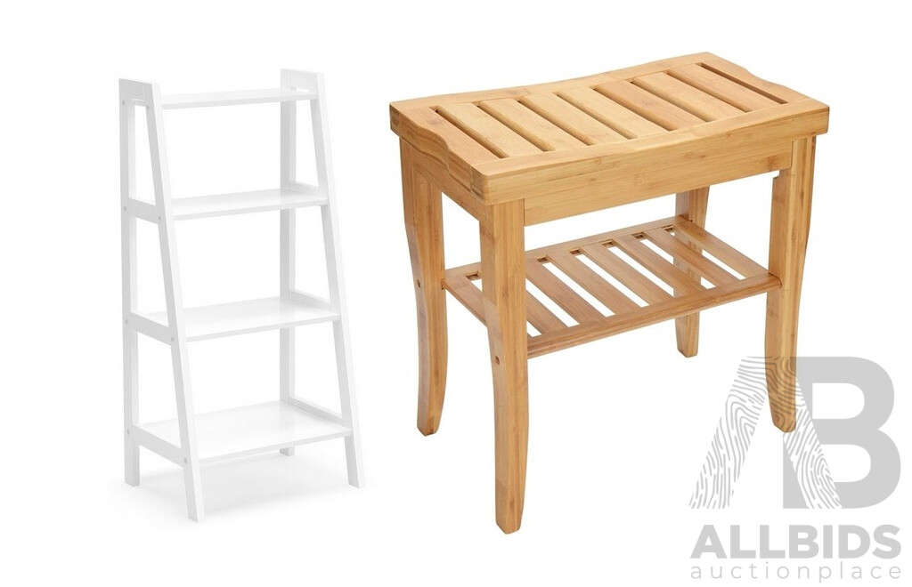 Ovela Olivia 4 Tier Shelf and Bamboo Bathroom Stool - Lot of 2 - Total ORP $140.00
