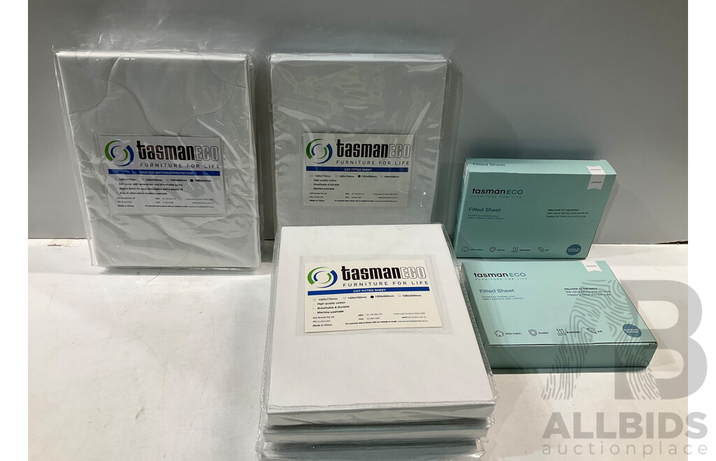 TASMAN-ECO - Cot Fitted Sheet (X 4), Fitted Sheet (Compact X 2) & Quilted Mattress Protector - Lot of 7 - Estimated Total ORP $179.99