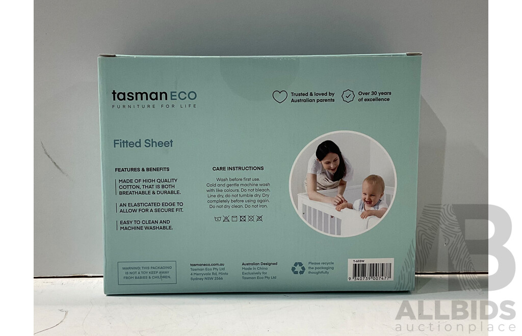 TASMAN-ECO - Cot Fitted Sheet (X 4), Fitted Sheet (Compact X 2) & Quilted Mattress Protector - Lot of 7 - Estimated Total ORP $179.99