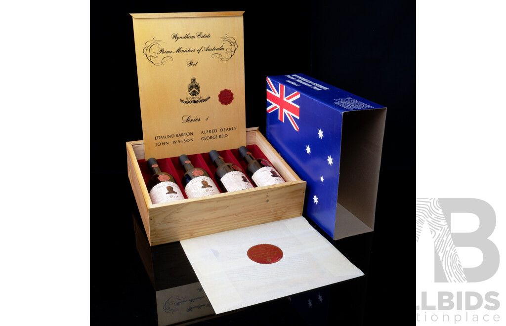 Wyndham Estate, Prime Ministers Port, Series One, Full Set of Four Bottles in Original Wooden Case with Sealed Slip Case