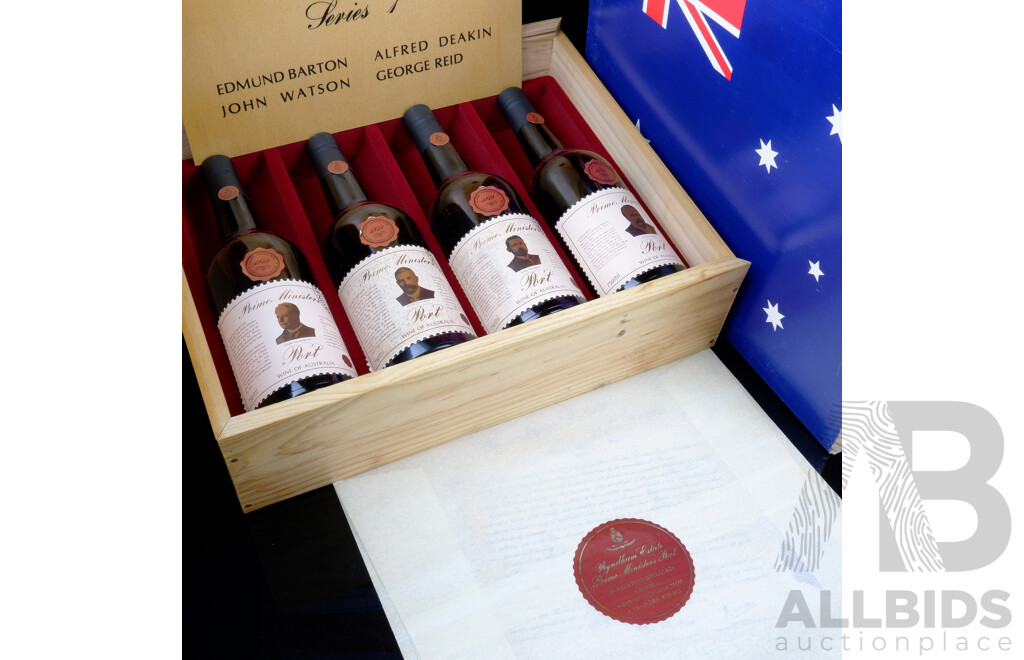 Wyndham Estate, Prime Ministers Port, Series One, Full Set of Four Bottles in Original Wooden Case with Sealed Slip Case