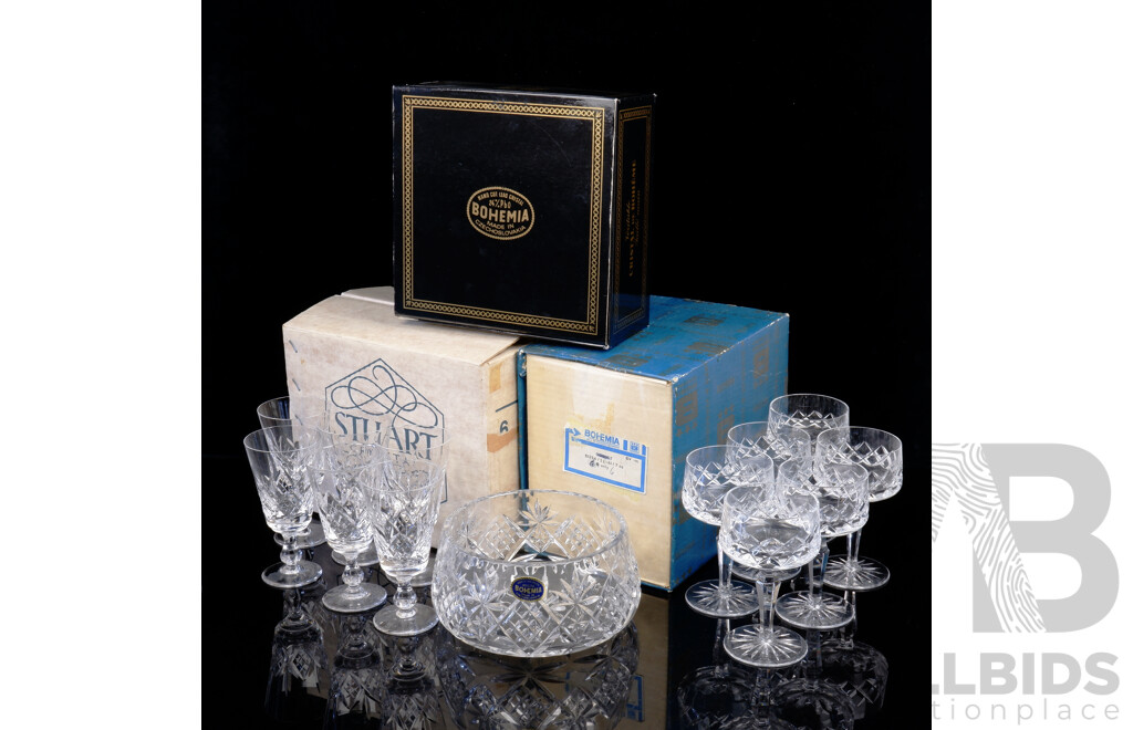 Vintage Boxed Stuart Crystal Champagne Flutes, Boxed Bohemian Crystal Bowl, and Boxed Bohemian Crystal Goblets
