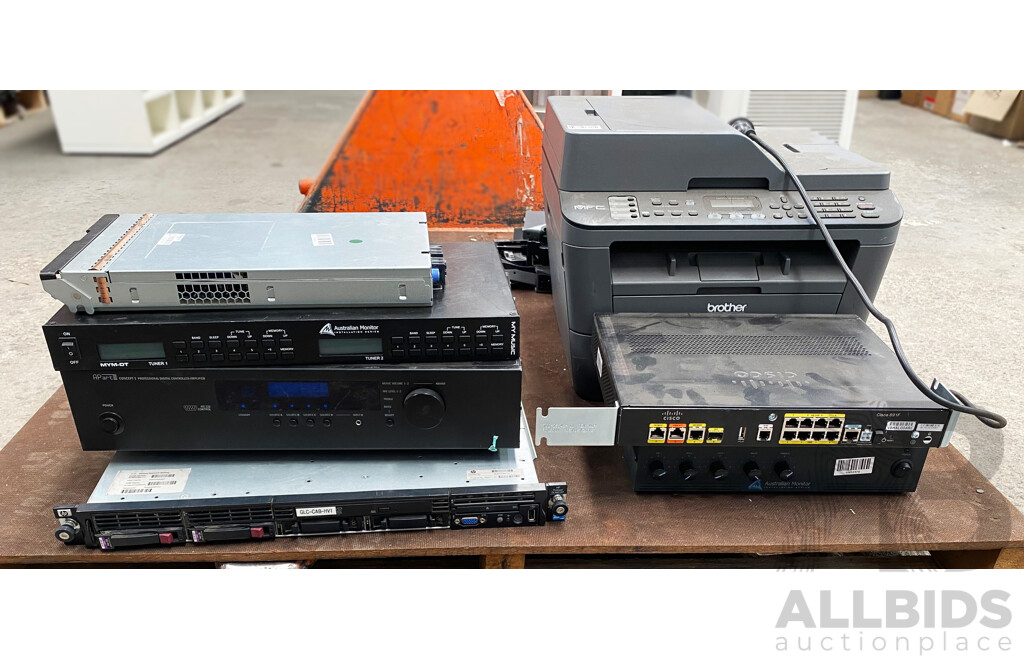 Pallet Lot of Assorted Audio Equipment, Printer and Networking Equipment