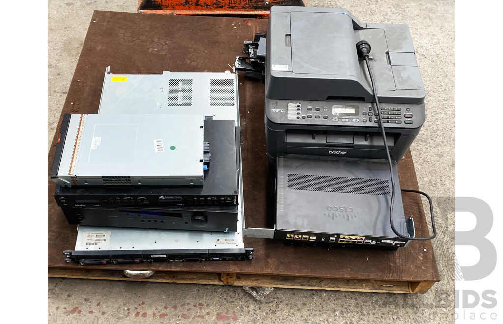 Pallet Lot of Assorted Audio Equipment, Printer and Networking Equipment