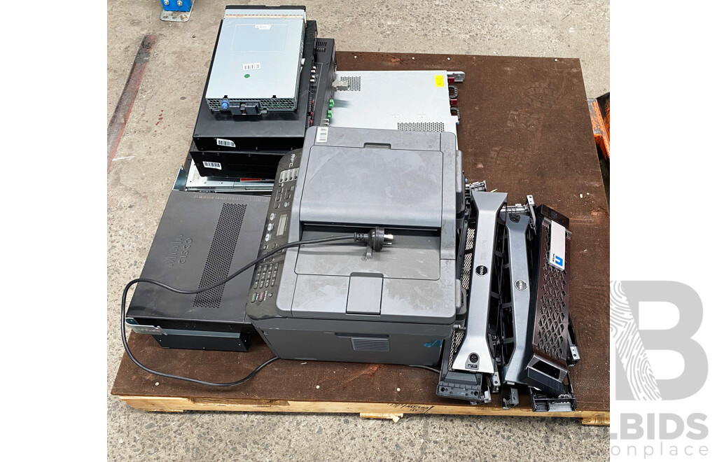Pallet Lot of Assorted Audio Equipment, Printer and Networking Equipment