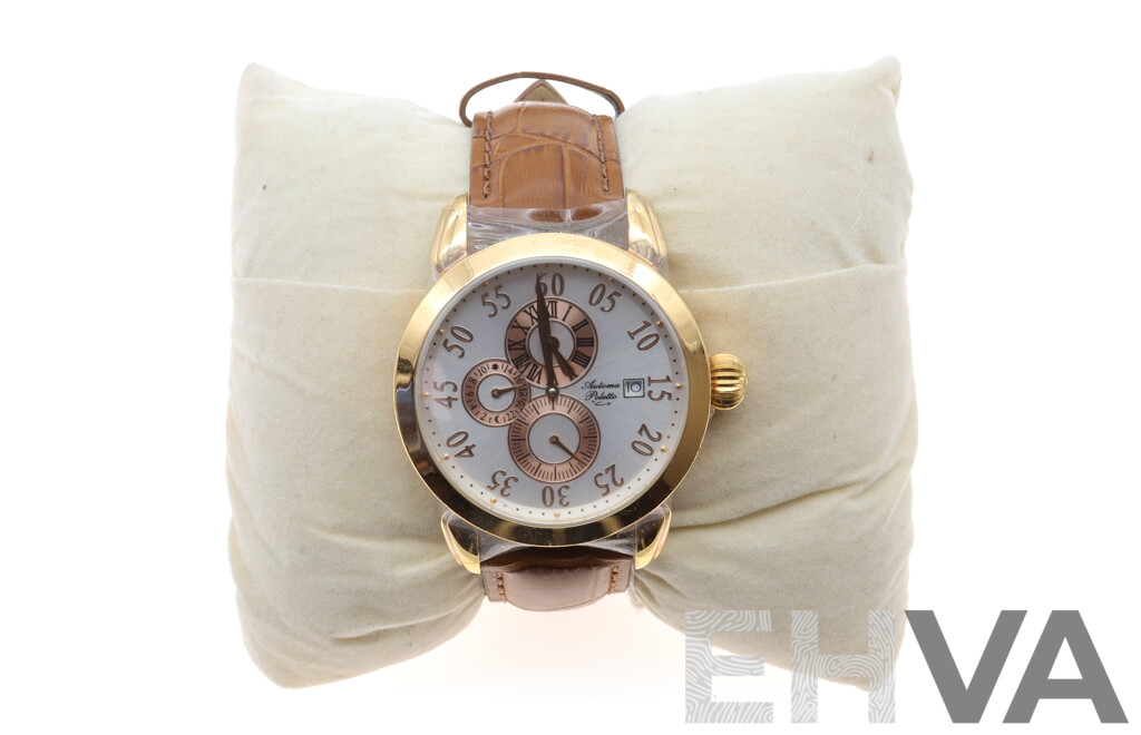 Automa Poletto AP1300 Watch with Yellow Gold Coloured Bezel and Tan Leather Band