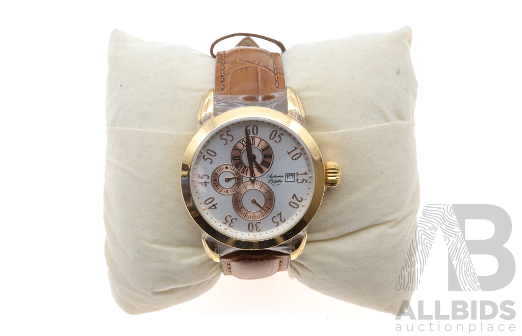 Automa Poletto AP1300 Watch with Yellow Gold Coloured Bezel and Tan Leather Band