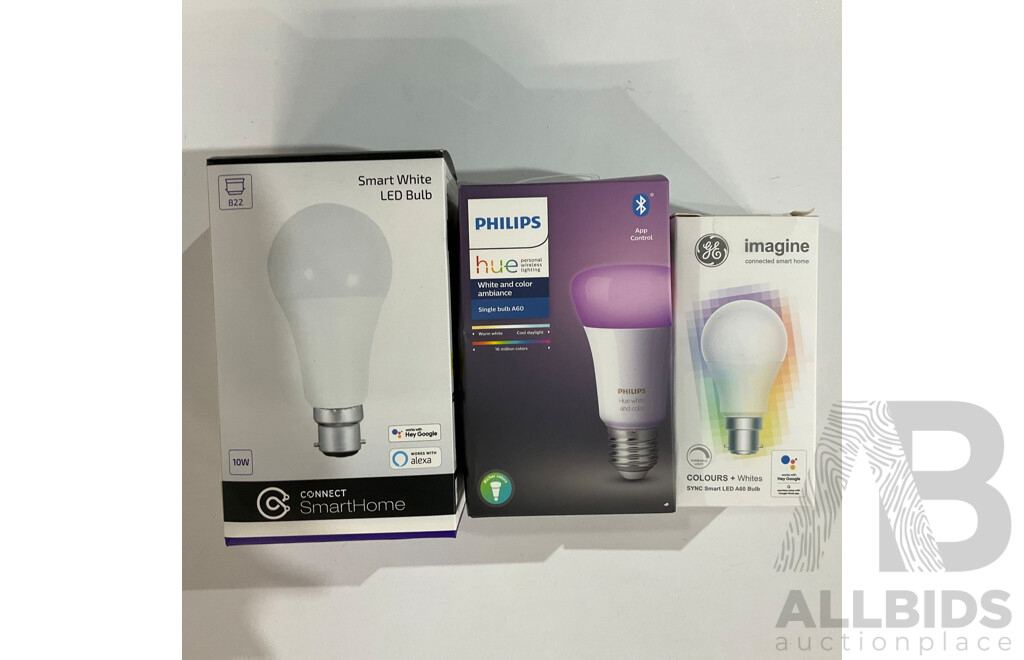 PHILIPS Hue Bluetooth White/Colour Ambiance Light Bulbs & CONNECT Smarthome LED Bulb, IMAGINE SYNC Bulb  - Lof of 3 - Estimated Total ORP $150.00