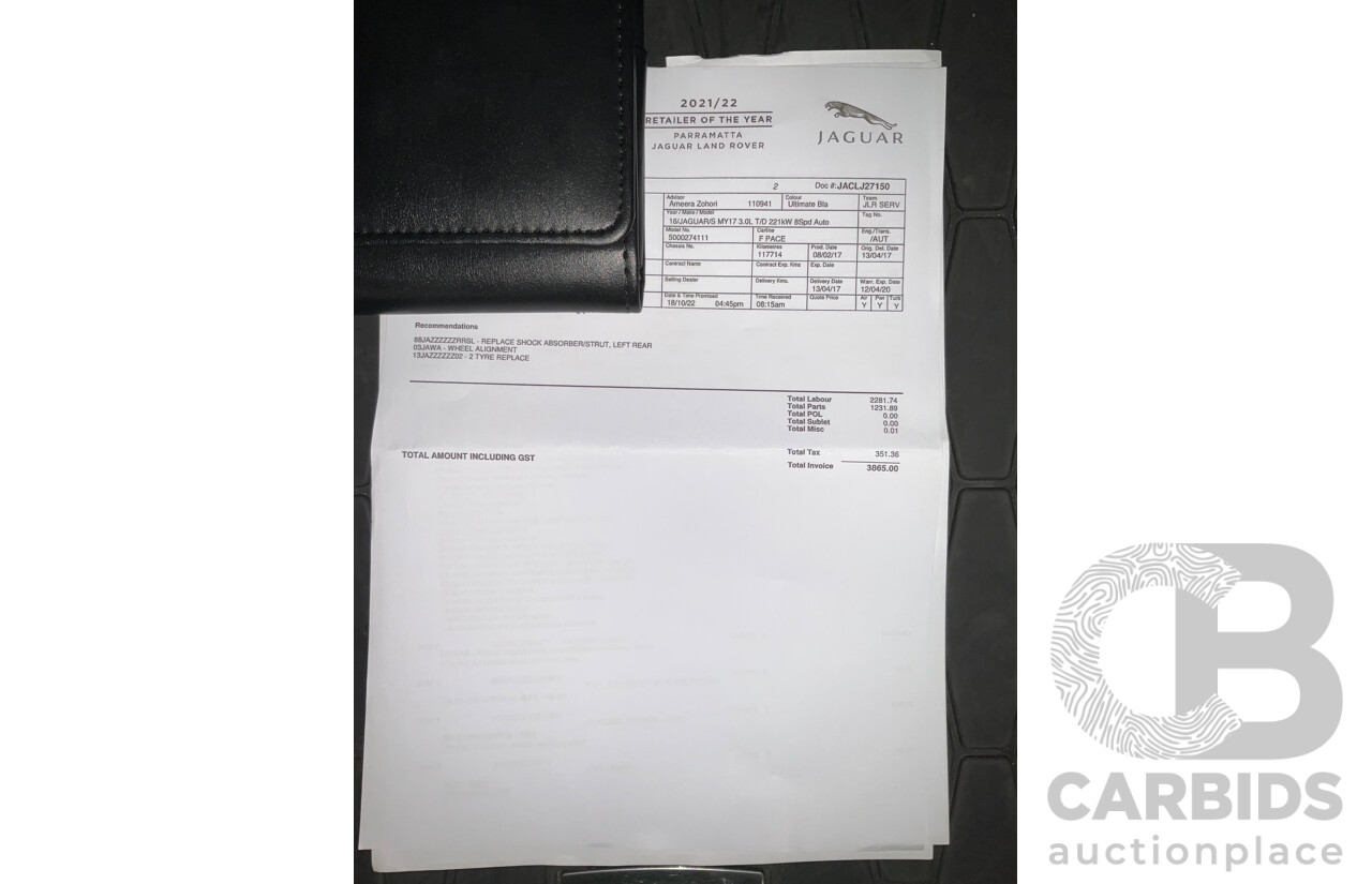 3/2017 Jaguar F-Pace 30d S (AWD) X761 4d Wagon Ultimate Black Turbo Diesel V6 3.0L