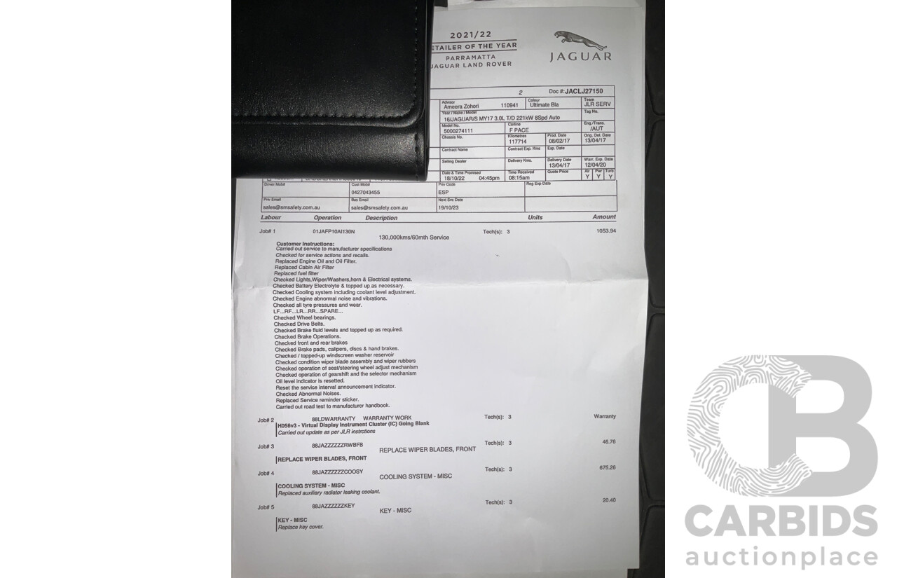 3/2017 Jaguar F-Pace 30d S (AWD) X761 4d Wagon Ultimate Black Turbo Diesel V6 3.0L