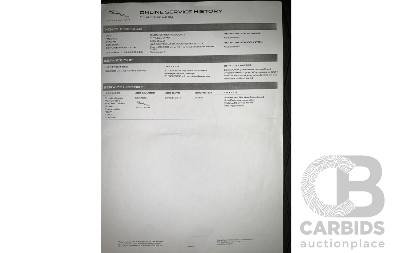 3/2017 Jaguar F-Pace 30d S (AWD) X761 4d Wagon Ultimate Black Turbo Diesel V6 3.0L
