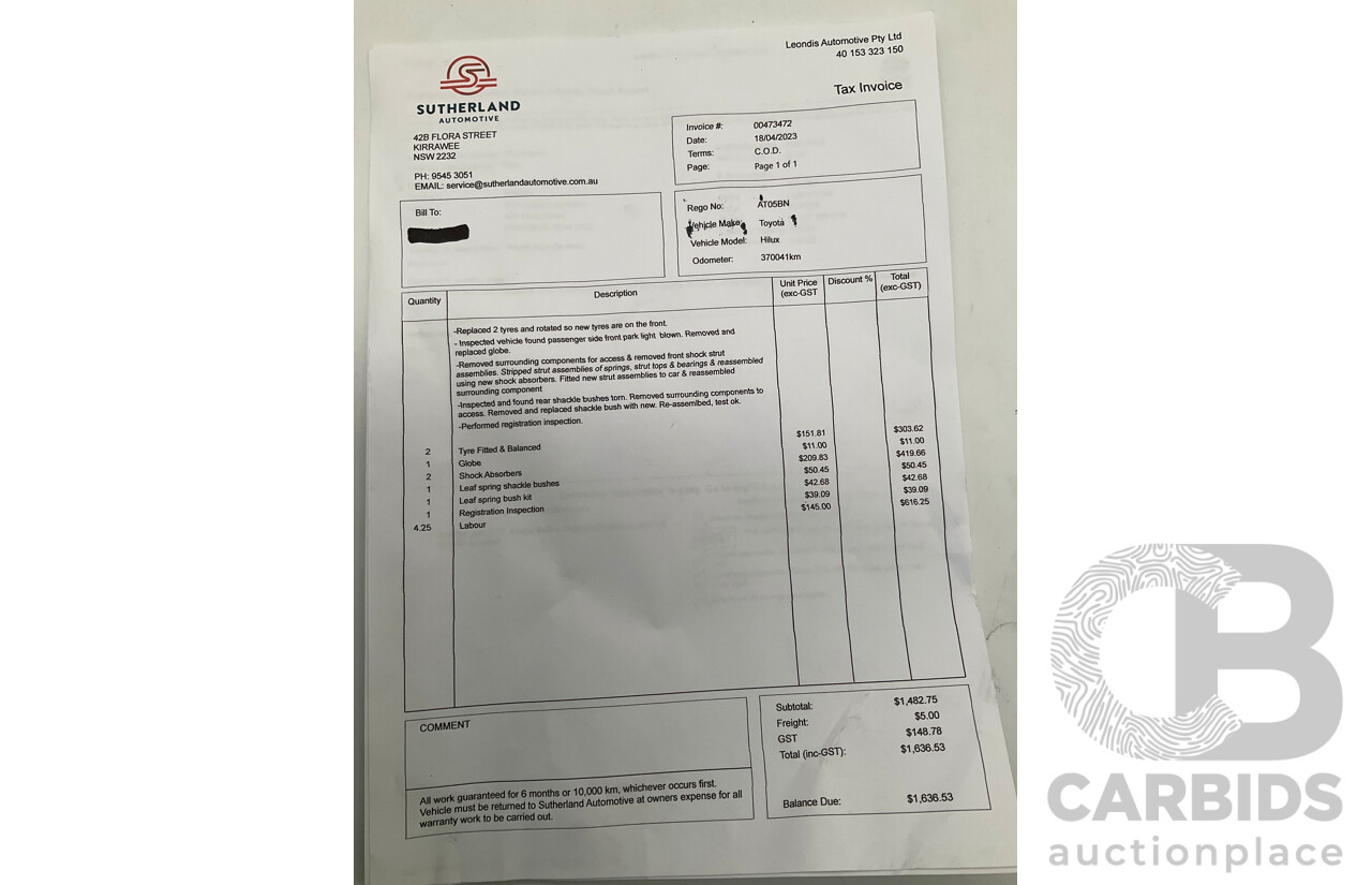 3/2005 Toyota Hilux  RZN149R Dual Cab P/Up Workmate White 2.7L