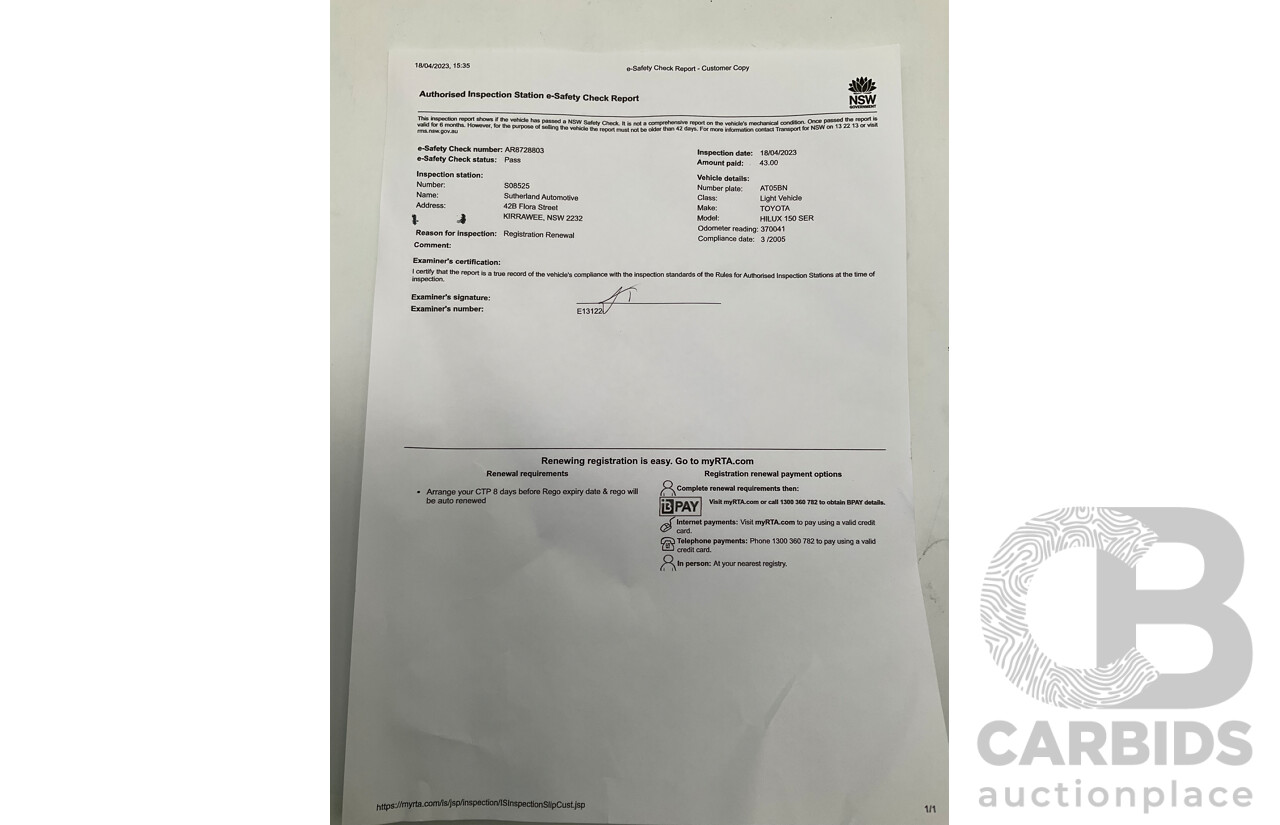 3/2005 Toyota Hilux  RZN149R Dual Cab P/Up Workmate White 2.7L