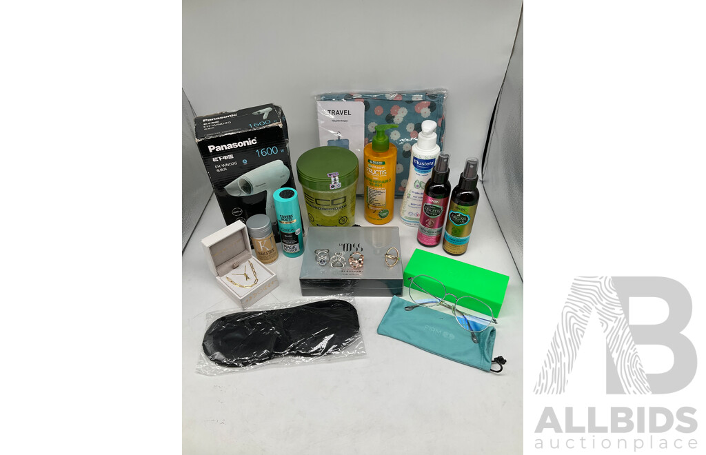 PANASONIC, ECO, GARNIER, MUSTLE, HASK, LOREAL - Assorted Cosmetics and Accessories  - Lot of 12 - Estimated ORP $500